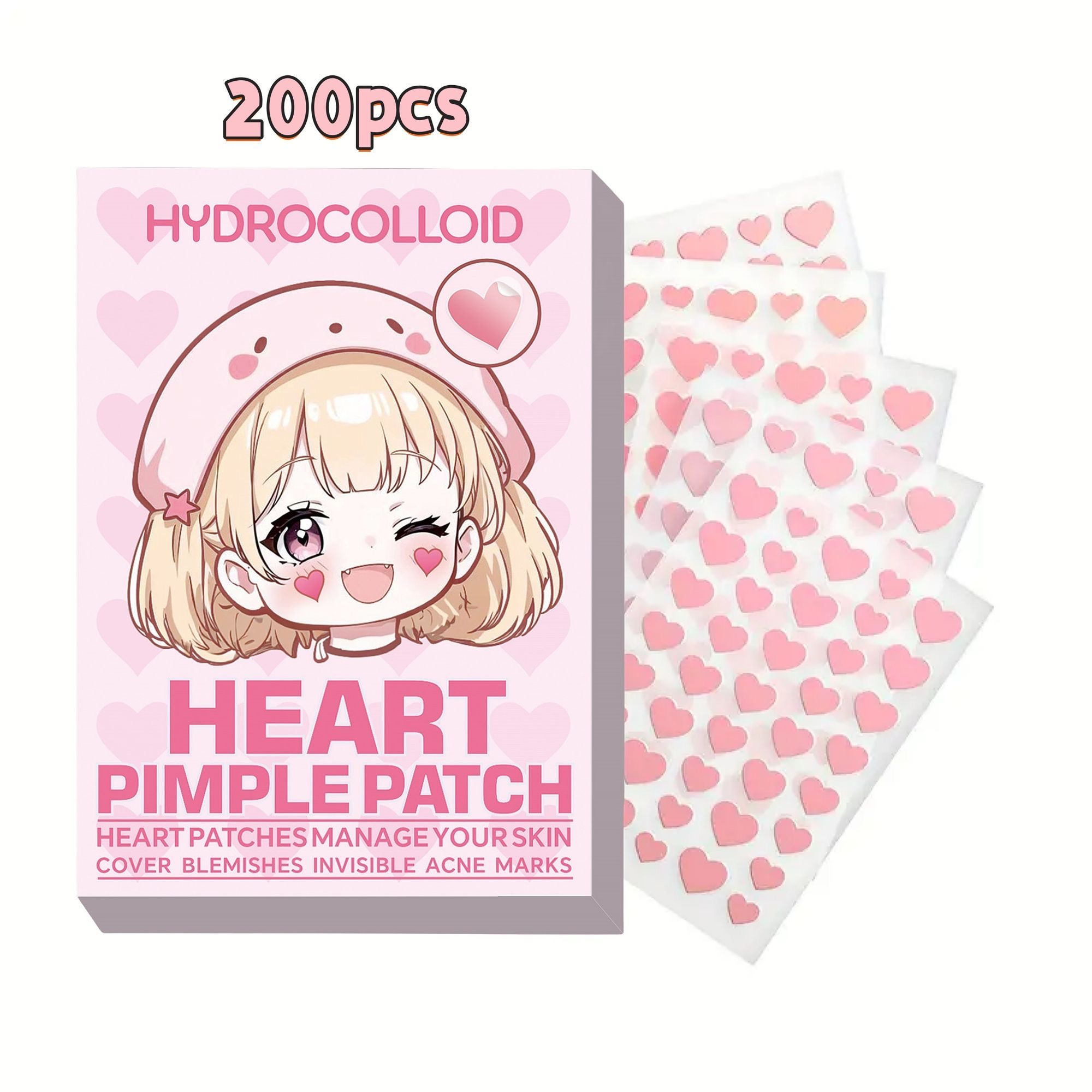 200枚入り 可愛いピンクのハート型ニキビパッチ、ハイドロコ - Skincare Pink のレビューと価格